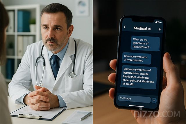 인간 의사(왼쪽)와 AI 의료 상담의 대비. 전문가들은 AI가 진단 능력에서 우수할 수 있지만, 인간 의사의 판단과 공감 능력을 대체할 수는 없다고 강조한다. /이미지=AI 생성