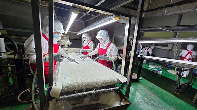 작업자들이 소금의 이물질을 걸려내는 작업을 하고 있다./사진=김경희