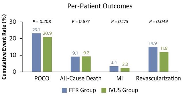 FFR군과 IVUS군의 장기 임상 결과 비교. 사망·심근경색 발생률은 차이가 없었지만, 재관류술은 IVUS군에서 더 낮았다. /이미지 제공=서울대병원