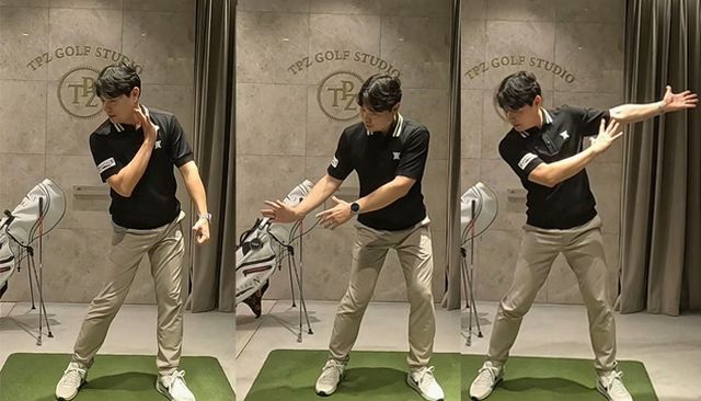 상·하체가 같이 덤비는 스윙을 방지하기 위한 팁을 알려주는 박경준 프로.