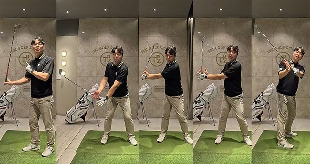 백스윙 힘 빼기 팁으로 가볍게 클럽 올리기를 보여주는 박경준 프로.