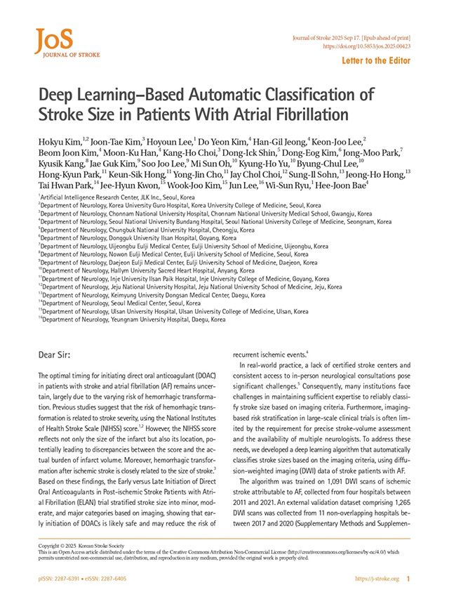 심방세동 연관 뇌졸중 환자의 뇌경색 크기를 AI로 자동 분류하는 연구 논문이 국제 학술지 Journal of Stroke에 게재됐다. /이미지 제공=제이엘케이