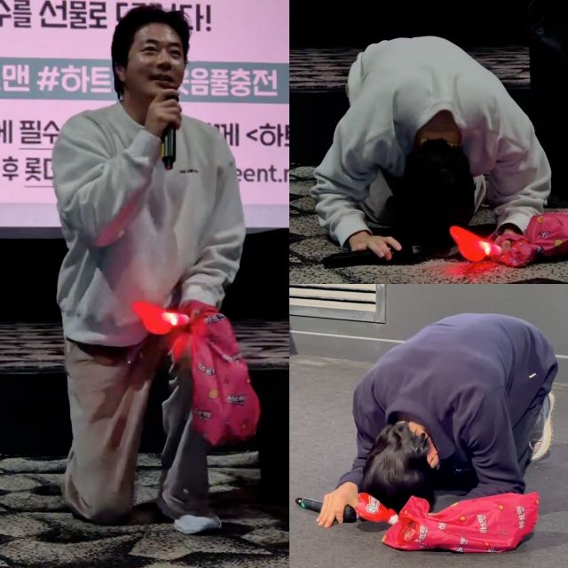 '하트맨'에서 승민 역을 맡은 배우 권상우가 무대인사 중 관객에게 큰 절을 올리고 있다. / 사진 : 롯데엔터테인먼트