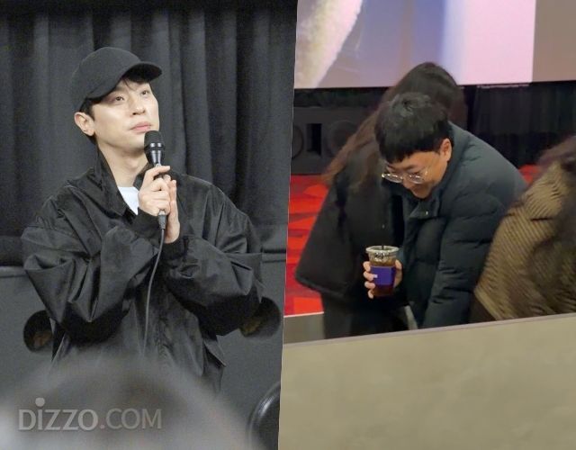 충주시에서 영화 '휴민트' 단독 무대인사를 진행하며, '충주시 홍보대사'로 위촉된 배우 박정민(왼쪽)과 현장에 참석한 충주맨(오른쪽) / 사진 : 송초롱 객원기자,twinkle.news12@gmail.com