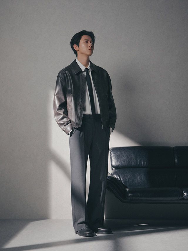 지오지아 2026 SS 캠페인의 쿨맥스 와이드 슬랙스 등 활용한 주우재 착용 컷./사진=지오지아