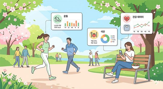 운동과 식단 기록이 함께 증가하는 건강관리 흐름을 표현한 이미지. /이미지=AI 생성
