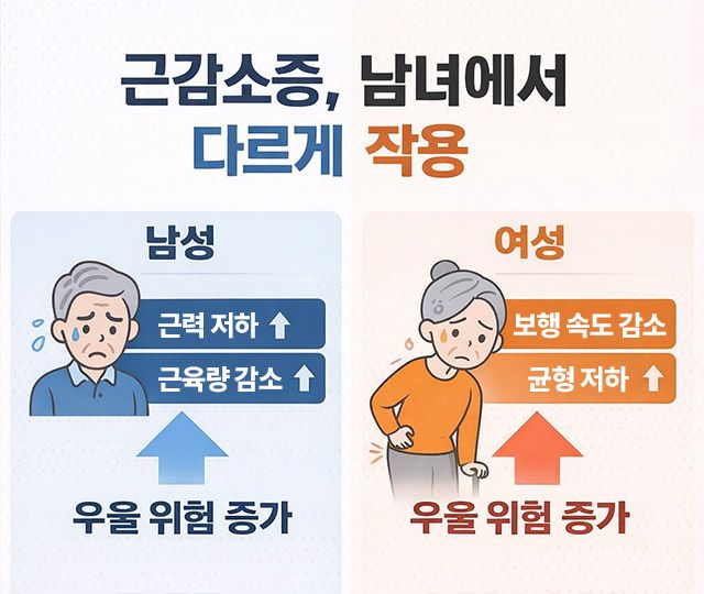 근감소증이 우울감과 관련되는 양상은 성별에 따라 다르게 나타났다. 남성은 근력·근육량 저하, 여성은 보행 속도와 균형 등 신체 기능 저하가 주요 요인으로 분석됐다. /그래픽=디지틀조선일보