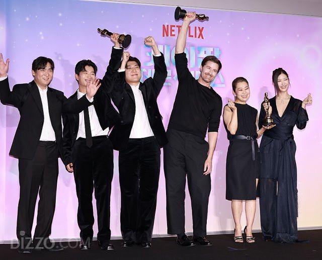 '케이팝 데몬 헌터스'로 아카데미 시상식에서 2관왕에 오른 IDO,크리스애플한스감독,매기강감독,이재(왼쪽부터) / 사진 : 디지틀조선일보DB