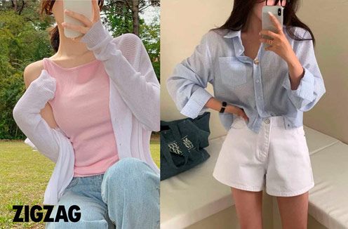 핫핑 보트넥 레이어드 민소매, 베이델리 마인 데일리 3부 숏팬츠(왼쪽부터)/지그재그