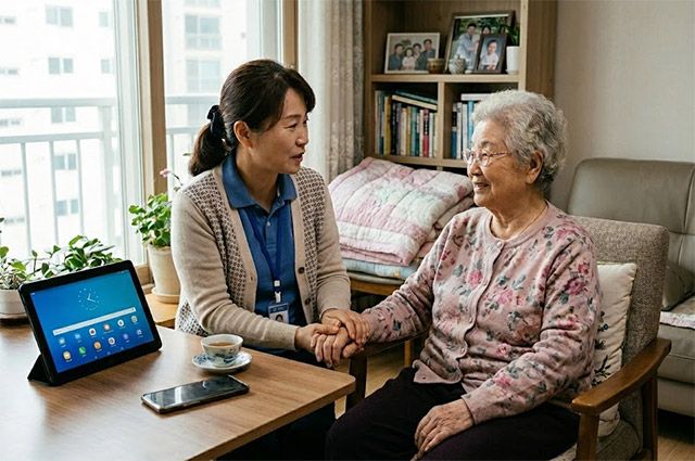 요양보호사가 어르신을 돌보는 모습. 기술 도입이 확대되고 있지만 돌봄은 여전히 사람 중심으로 이뤄지고 있다. /이미지=AI 생성