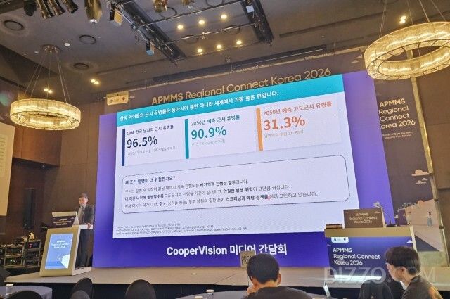 김대희 김안과병원 교수가 쿠퍼비전 코리아 미디어 간담회에서 한국 소아근시 현황과 관리 필요성에 대해 발표하고 있다. /사진=김정아 기자