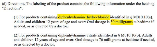 알피바이오가 제품 설명과 함께 참고 자료로 제공한 미국 FDA OTC 모노그래프(M010) 일부. 디펜히드라민염산염 50mg의 일반의약품(OTC) 사용 기준이 담겨 있다. /알피바이오 제공