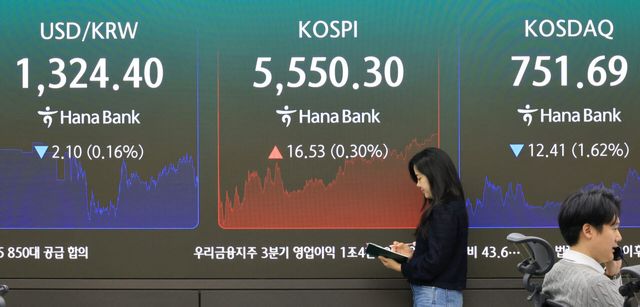 23일 서울 중구 하나은행 본점 딜링룸 현황판에 원·달러 환율과 코스피 지수가 표시돼 있다.(사진=연합뉴스)