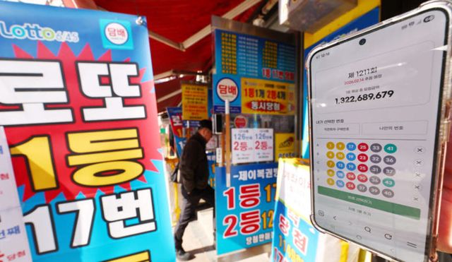 서울 시내 한 복권 판매점 앞에서 휴대폰 화면에 나오는 로또 모바일 판매 페이지 뒤로 시민들이 로또를 구매하고 있다. (사진=뉴시스)