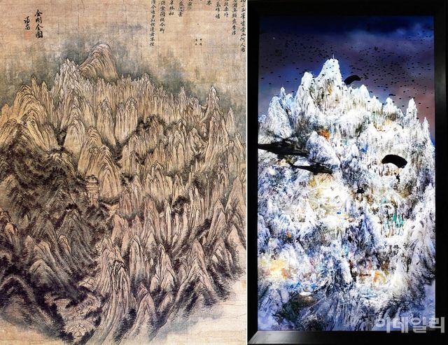 겸재 정선의 진경산수화 ‘금강전도’(1734·국보·왼쪽)와 이이남의 미디어 작품 ‘신-금강전도’(2009). 작가는 겸재의 고즈넉한 금강산 풍경을 전투기와 군용헬기가 날고 낙하산이 까맣게 쏟아지는 7분 14초짜리 단채널 영상으로 뒤바꿨더랬다. 이번 개인전에는 나오지 않은 작품이다(사진=오현주 문화전문기자).