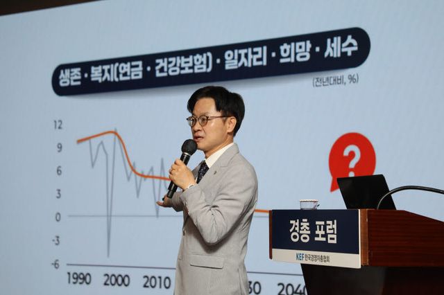 김정관 산업통상부 장관이 26일 서울 중구 웨스틴조선호텔에서 열린 제289회 경총포럼에서 'AI 시대, 성장의 재도전 ALLIANCE'를 주제로 강연하고 있다. 사진=경총