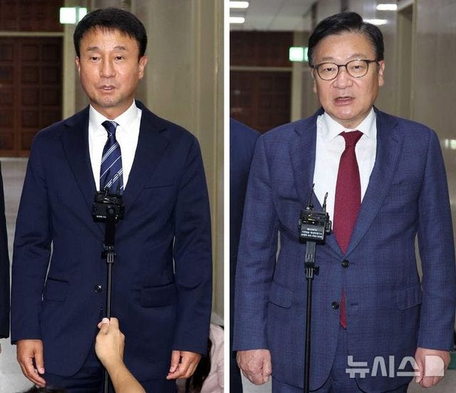 한병도 더불어민주당 대표 직무대행 겸 원내대표와 정점식(오른쪽 사진) 국민의힘 원내대표가 26일 오후 서울 여의도 국회 운영위원장실에서 각 상임위원장 등 원구성 관련 여야 원내대표 회동을 마치고 나와 취재진의 질문에 답변하고 있다. (사진=뉴시스)