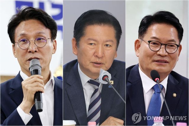 김민석 국무총리(왼쪽부터), 정청래 전 더불어민주당 대표, 송영길 전 더불어민주당 대표 (사진=연합뉴스)