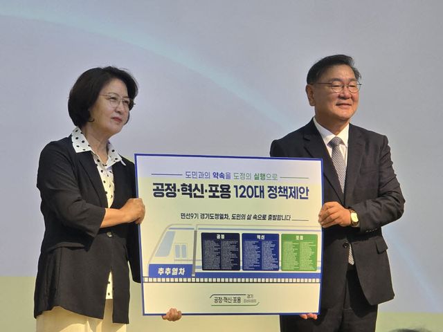 29일 공정·혁신·포용 경기준비위원회 종합보고회에서 추미애 경기도지사 당선인이 김태년 준비위원장으로부터 120대 정책제안을 전달받고 있다. (사진=황영민 기자)