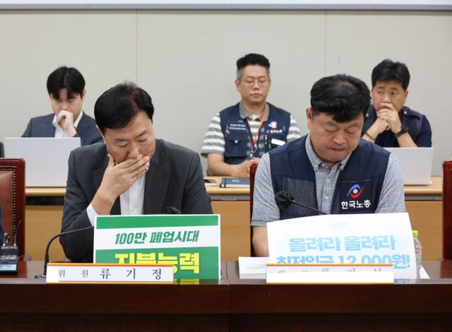 30일 정부세종청사 최저임금위원회에서 열린 제10차 전원회의에서 류기정 한국경영자총협회(경총) 전무(왼쪽)와 근로자위원인 류기섭 한국노총 사무총장이 발언을 듣고 있다. 내년도 최저임금 의결은 올해도 노사 간 견해차로 법정 시한을 넘겼다. (사진=연합뉴스)
