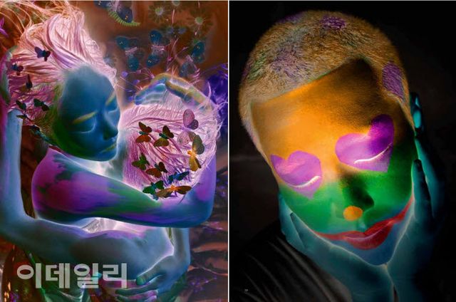 ‘멸종위기에 처한 동물의 초상’에 몰두하기 이전 고상우의 작업. 왼쪽은 ‘태양이 사랑을 품을 때’(When the Sun Is In Love, 2009, 112×162㎝·왼쪽), 오른쪽은 ‘피에로’(Pierrot, 2012, 102×127㎝)다. 20주년을 기념해 네덜란드에서 제작한 도록 ‘고상우 20년’(페이퍼타운북스 2020)에서 얻었다. 이번 개인전에는 출품하지 않은 작품들이다(제공=작가 고상우).