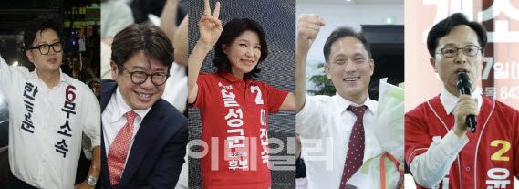 (왼쪽부터) 한동훈 무소속 후보, 유의동·이진숙·김태규·윤용근 국민의힘 후보