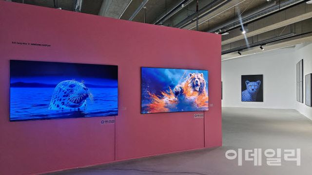 고상우 개인전 ‘너와 함께 쉬는 숨’ 전경. 디지털 회화 22점, 드로잉 71점이 걸린 사이에서 나란히 나온 ‘AI 영상’ 두 점을 찾을 수 있다(사진=오현주 문화전문기자).