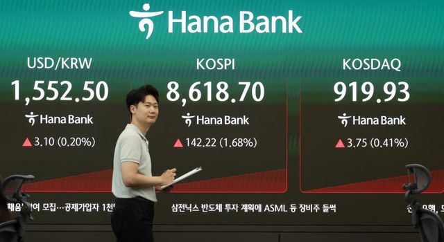 코스피가 전 거래일(8476.48)보다 115.02포인트(1.36%) 상승한 8591.50에 개장한 1일 오전 서울 중구 하나은행 딜링룸 전광판에 지수가 표시되고 있다. 코스닥 지수는 전 거래일(916.18)보다 7.91포인트(0.86%) 오른 924.09, 서울 외환시장에서 원·달러 환율은 전 거래일 주간거래 종가(1549.4원)보다 0.4원 오른 1549.8원에 출발했다. (사진=뉴시스)