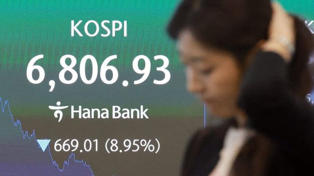 코스피 지수가 반도체주 급락 영향으로 장중 6900선이 무너지며 서킷브레이커가 발동한 13일 서울 중구 하나은행 본점 딜링룸에서 딜러들이 업무를 보고 있다.(사진=이데일리 방인권 기자)