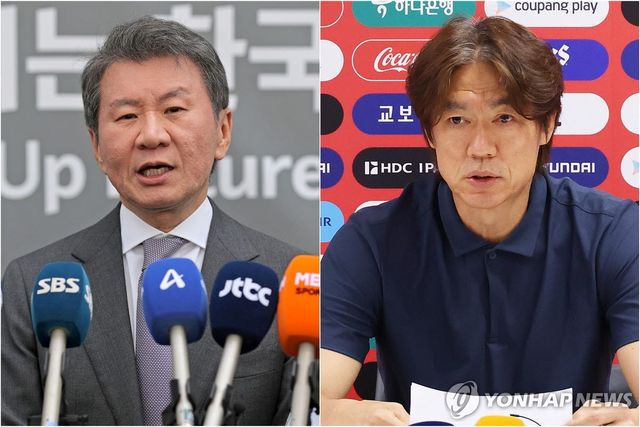정몽규 전 대한축구협회장(왼쪽)과 홍명보 전 축구대표팀 감독(사진= 연합뉴스)