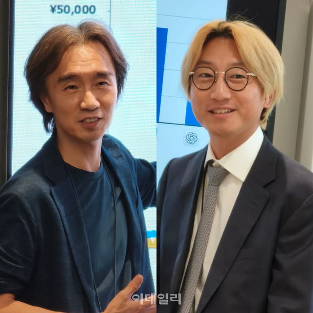 김재용 카카오픽코마 대표와 김신배 라인 디지털 프론티어 공동대표가 지난 7일 일본 도쿄를 방문한 만화·웹툰을 사랑하는 국회의원 모임(만사모) 등 민간사절단에게 인사를 하고 있다. (사진=한광범 기자)