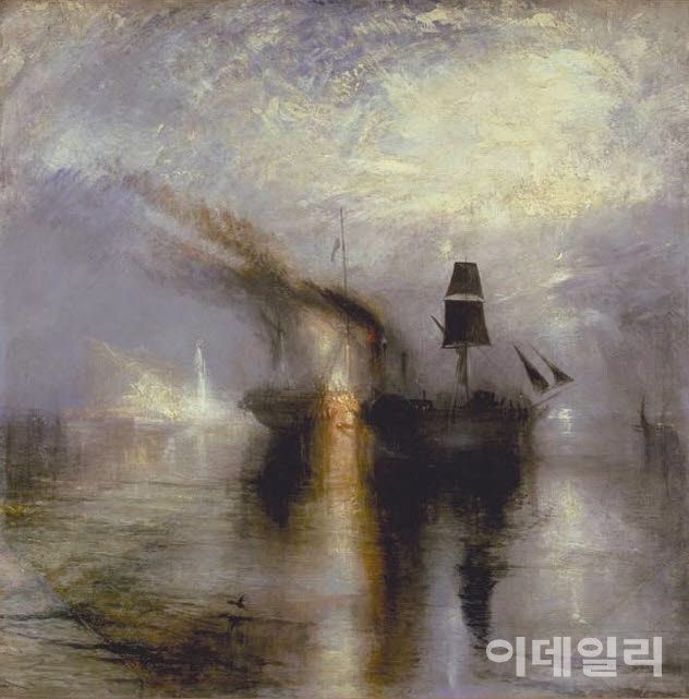 윌리엄 터너의 ‘평화-바다에 수장’(1842). 친구이자 화가였던 데이비드 윌키의 장례 장면이다. 윌키는 1841년 중동에서 돌아오던 중 장티푸스로 사망했는데, 당국은 전염병 확산을 우려해 시신을 육지에 올리는 것을 허락하지 않았고 결국 바다에 수장됐다. 터너는 배 갑판예 장례용 수레가 있는 모습을 상상하며 친구가 마땅히 받아야 했을 공개 장례식을 상징적으로 표현했다. 1840년대 정사각형 캔버스를 사용하기 시작한 터너의 실험성까지 품은 작품이다. 캔버스에 유채, 87×86.7㎝. 테이트미술관(영국 런던) 소장.