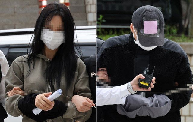 축구 국가대표팀 주장 손흥민의 아이를 임신했다고 주장하며 손 씨에게 돈을 뜯어내려 한 20대 여성 양모 씨(왼쪽)와 40대 남성 용모 씨가 지난해 5월 17일 영장실질심사를 받기 위해 서울중앙지법에 들어서고 있다 (사진=연합뉴스)