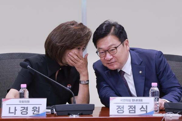 (서울=연합뉴스) 신현우 기자 = 국민의힘 정점식 원내대표가 2일 국회 의원회관에서 같은 당 나경원·김태규·윤용근 의원이 연 ‘선거관리위원회 신뢰 회복을 위한 정책토론회’에 참석해 나 의원과 대화하고 있다.