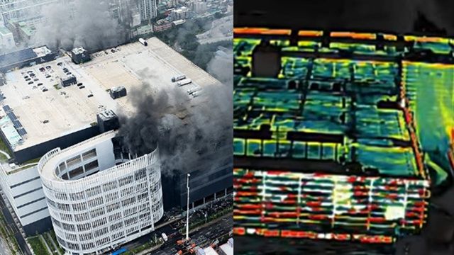 인천 서해구 석남동 쿠팡32물류센터 화재 현장(왼쪽)과 열화상 카메라 영상. (사진=연합뉴스, ytn 보도 캡처)