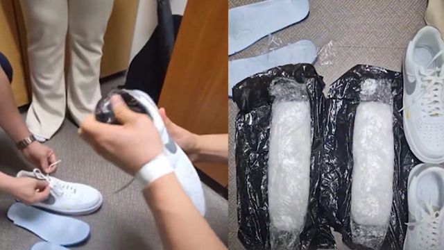 말레이시아 국적 여성 운동화 양쪽 밑창에서 발견된 필로폰 총 1㎏. (사진=MBC 보도 캡쳐)