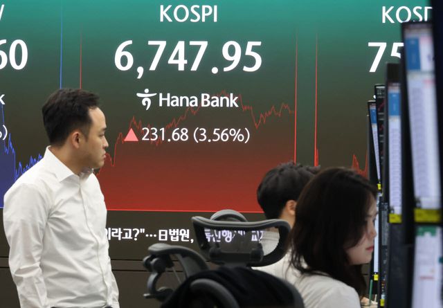 코스피가 반등에 성공하며 6,747.95로 마감한 21일 서울 하나은행 본점 딜링룸에서 직원들이 증시와 환율을 모니터하고 있다. 이날 코스피는 전 거래일 대비 231.68포인트(3.56%) 오른 6,747.95로 거래를 마쳤다. 코스닥 지수도 전장보다 3.70포인트(0.49%) 오른 753.34로 마감했다.(사징=연합뉴스)