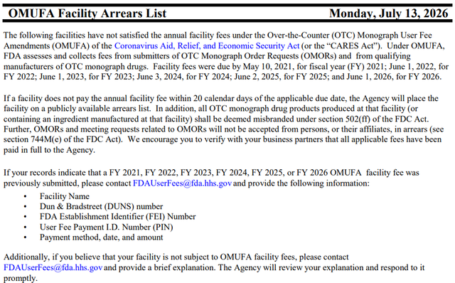 미국 식품의약국(FDA)이 13일 공개한 ‘OTC 모노그래프 사용자 수수료 시설 체납 명단’ 일부. (출처= 미국 FDA)