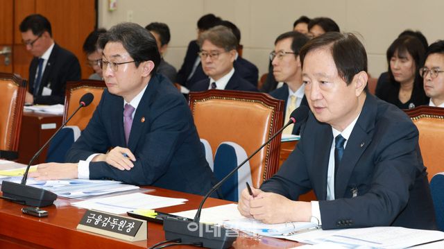 이억원 금융위원장과 이찬진 금융감독원장이 29일 서울 여의도 국회에서 열린 정무위원회 전체회의에서 의원들의 질의에 답하고 있다.(이데일리 방인권 기자)