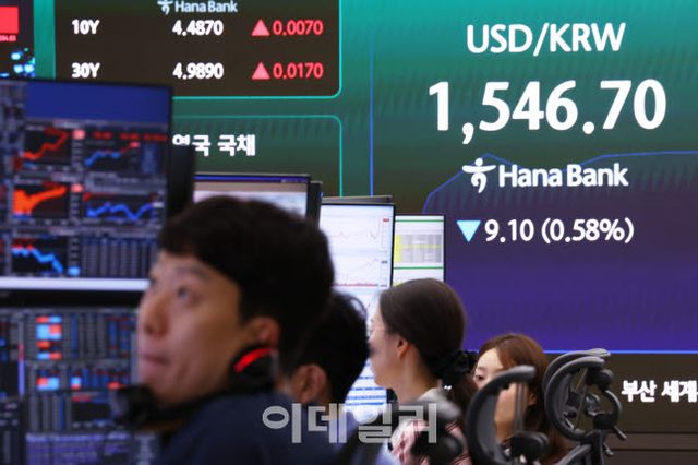 지난 3일 서울 중구 하나은행 딜링룸 현황판에 원·달러 환율 등이 표시되고 있다. 이날 외환시장에서 원·달러 환율은 11.3.원 내린 1544.5원에 출발했다. (사진=연합뉴스)