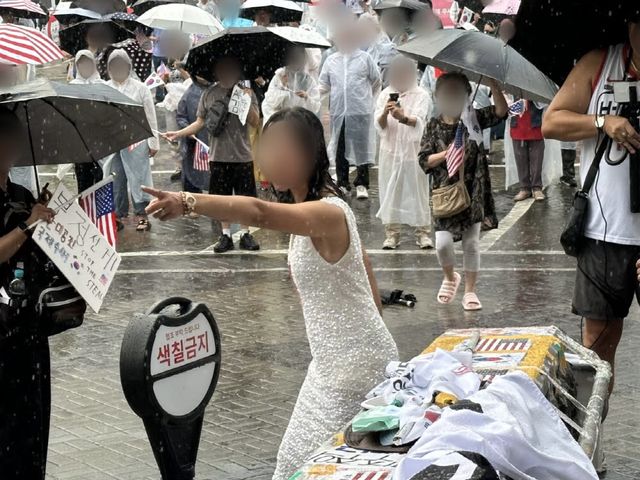 지난달 22일 올림픽공원 핸드볼경기장 앞에서 김 모 씨(45)가 현장에 배치된 경찰을 향해 삿대질을 하고 있다. (사진=뉴스1)