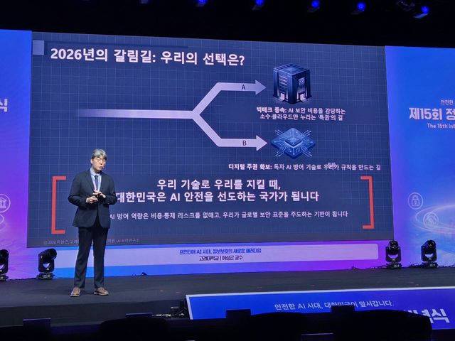 이상근 고려대 정보보호대학원 교수는 9일 서울 중구 신라호텔에서 열린 '제15회 정보보호의 날' 기조 연설을 하고 있다. (사진=안유리 기자)