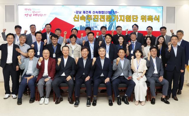 서울 강남구가 지난달 29일 구청 청사에서 '신속 추진 전문가 지원단' 출범식을 열고 기념사진을 촬영하고 있다. (사진=강남구 제공)