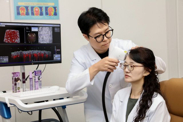 지난달 29일 서울 강서구 마곡동 LG생활건강 제형연구실에서 연구원이 두피 진단 장비로 헤어라인 부위의 두피 상태를 측정하고 있다. (사진=LG생활건강)