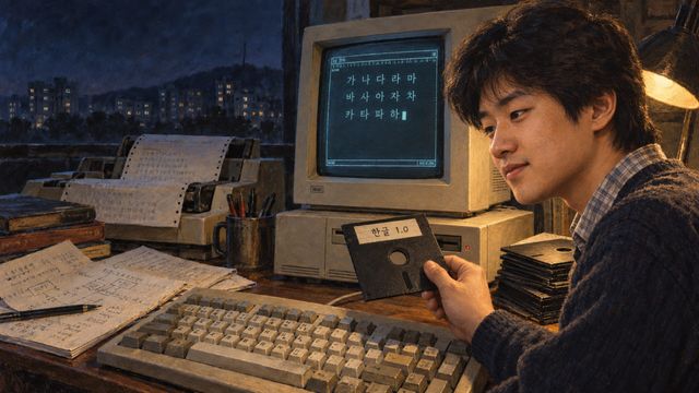 한글 1.0을 들고 있는 이찬진의 상상 이미지 (AI 생성)