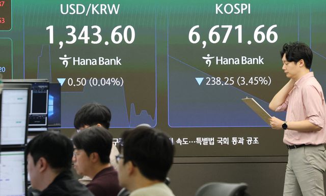 14일 서울 중구 하나은행 본점 딜링룸에서 직원들이 업무를 보고 있다. 이날 코스피는 3% 넘게 하락 출발했다.