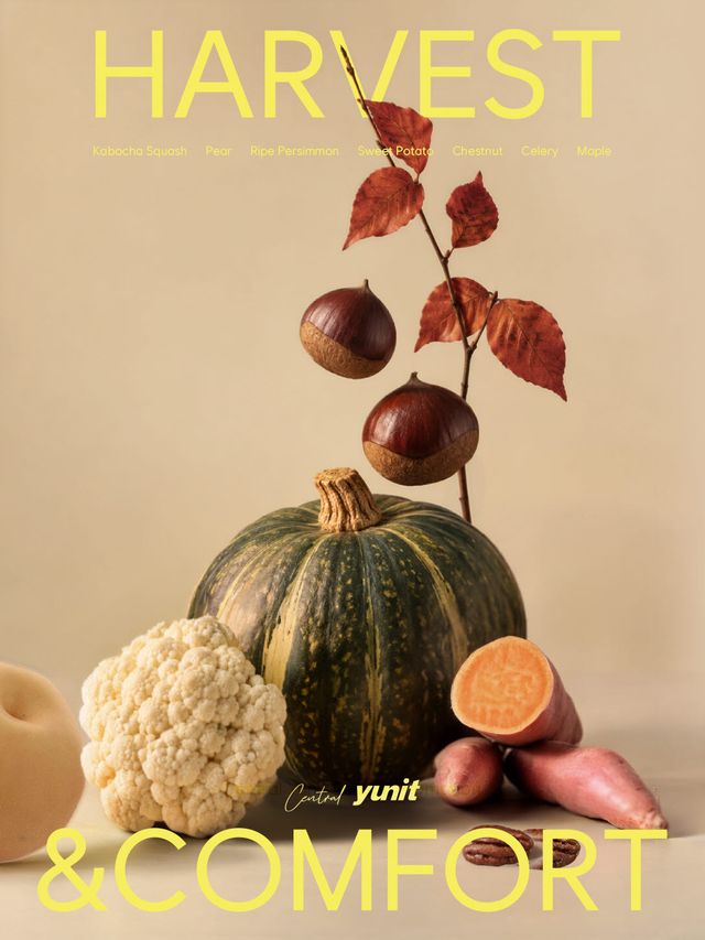 센트럴 윤잇 국립극장점 가을·겨울 시즌 다이닝 ‘HARVEST&COMFORT’의 콘셉트 이미지. 단호박·밤·배·고구마 등 제철 식재료를 통해 수확의 풍요로움과 편안한 한 끼를 표현했다. (사진=SB성보)