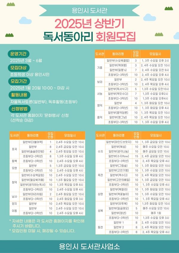 용인특례시 2025년 상반기 독서동아리 회원 모집 포스터.