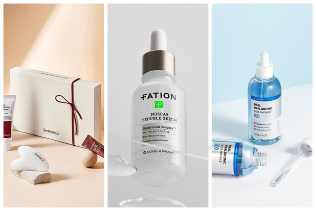왼쪽부터 동국제약 센텔리안24 ‘더 마데카 크림’, 동아제약 파티온 ‘노스카나인 트러블 세럼’, 휴젤 웰라쥬 ‘리얼 히알루로닉 100 크림’. [사진=각 제약사, 편집=이승준 기자]