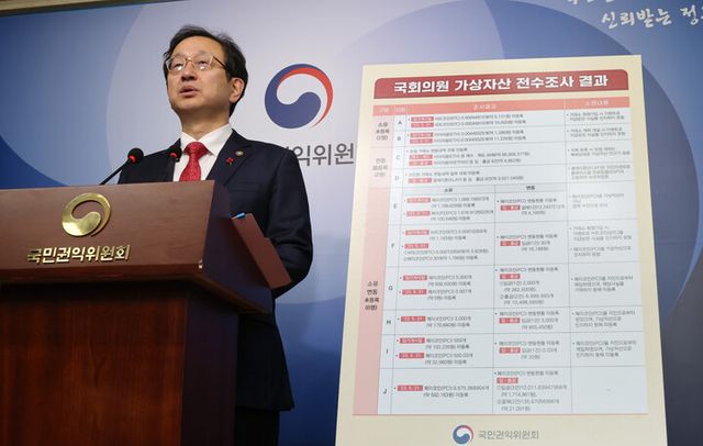 정승윤 국민권익위원회 위원장 직무대리가 29일 오전 세종시 정부세종청사에서 21대 국회의원 가상자산 전수조사 결과를 발표하고 있다. [사진=연합뉴스]